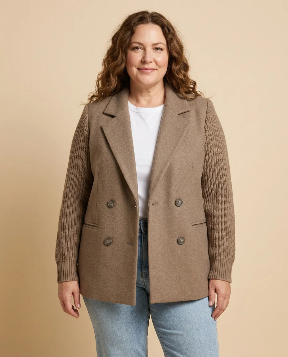 Double-Breasted Ribbed Sleeve Blazer worn by a woman with curves