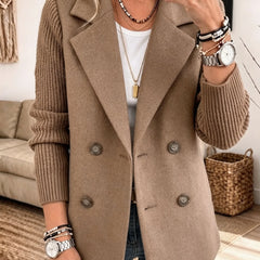 Double-Breasted Ribbed Sleeve Blazer in Taupe