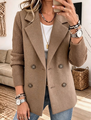 Double-Breasted Ribbed Sleeve Blazer in Taupe