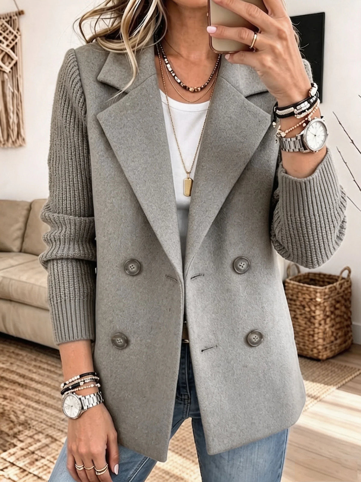 Double-Breasted Ribbed Sleeve Blazer in Gray