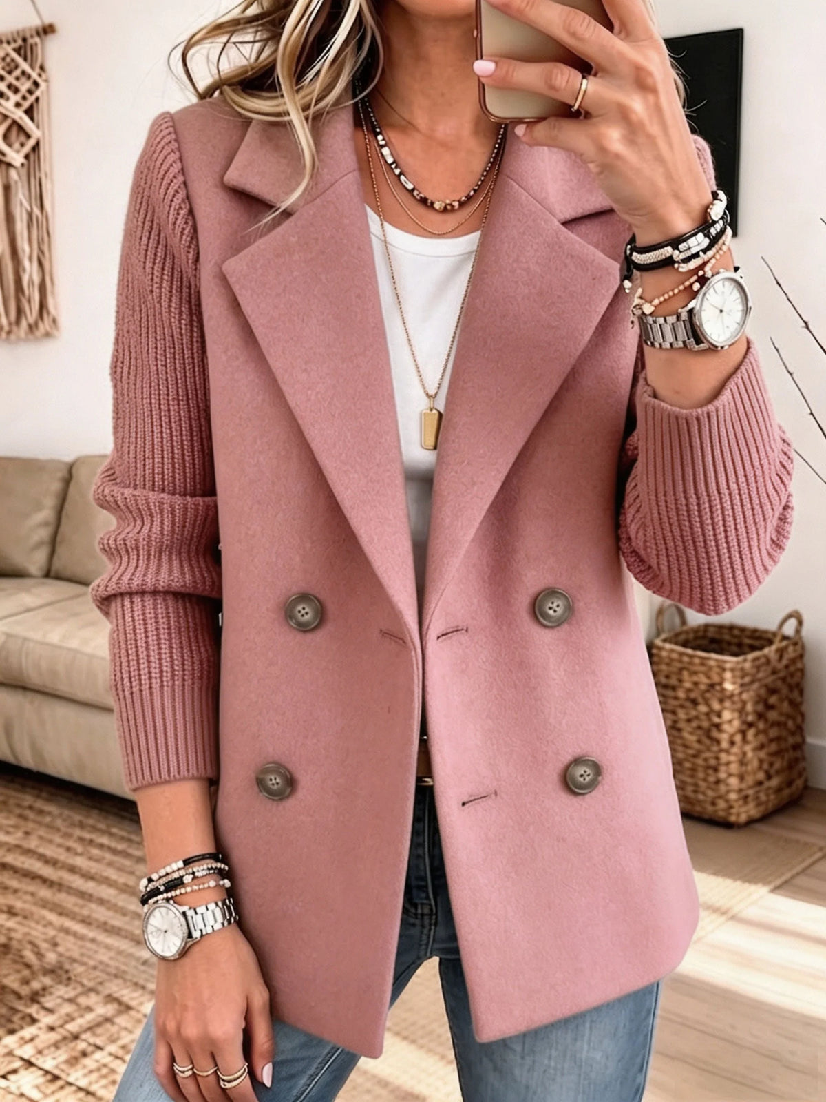 Double-Breasted Ribbed Sleeve Blazer in Pink
