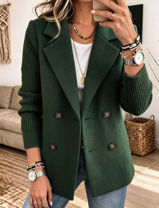 Double-Breasted Ribbed Sleeve Blazer in Forest Green