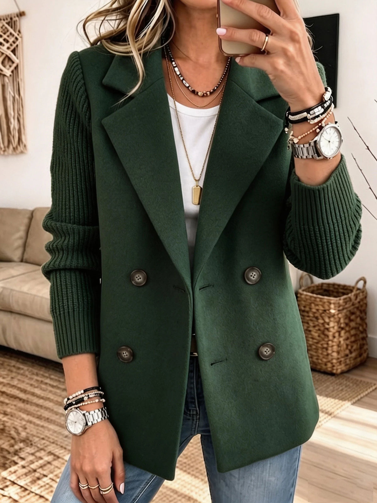 Double-Breasted Ribbed Sleeve Blazer in Forest Green