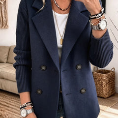 Double-Breasted Ribbed Sleeve Blazer in Navy