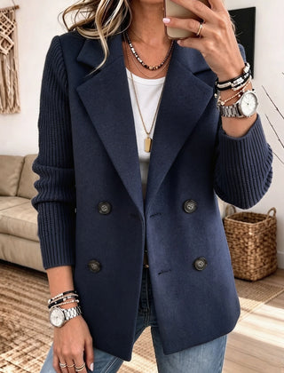 Double-Breasted Ribbed Sleeve Blazer in Navy