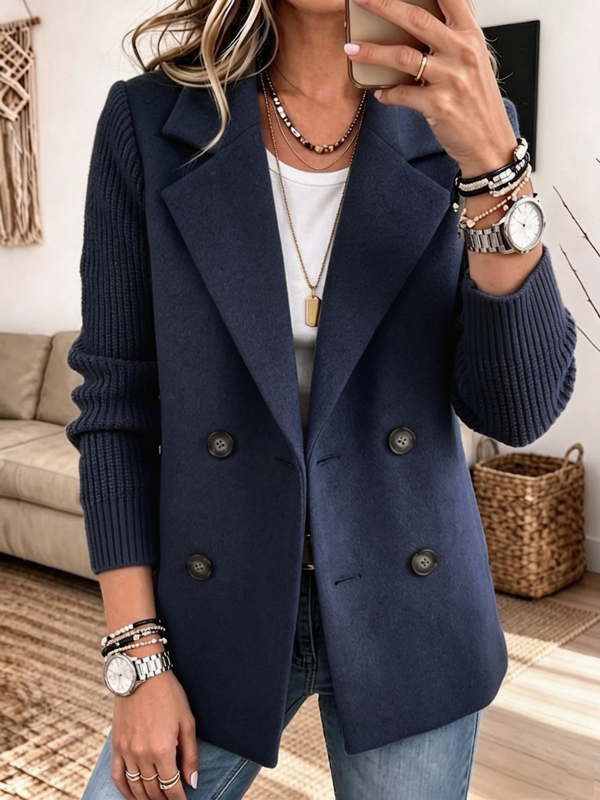 Double-Breasted Ribbed Sleeve Blazer in Navy
