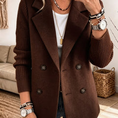Double-Breasted Ribbed Sleeve Blazer in Dark Brown