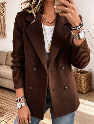 Double-Breasted Ribbed Sleeve Blazer in Dark Brown
