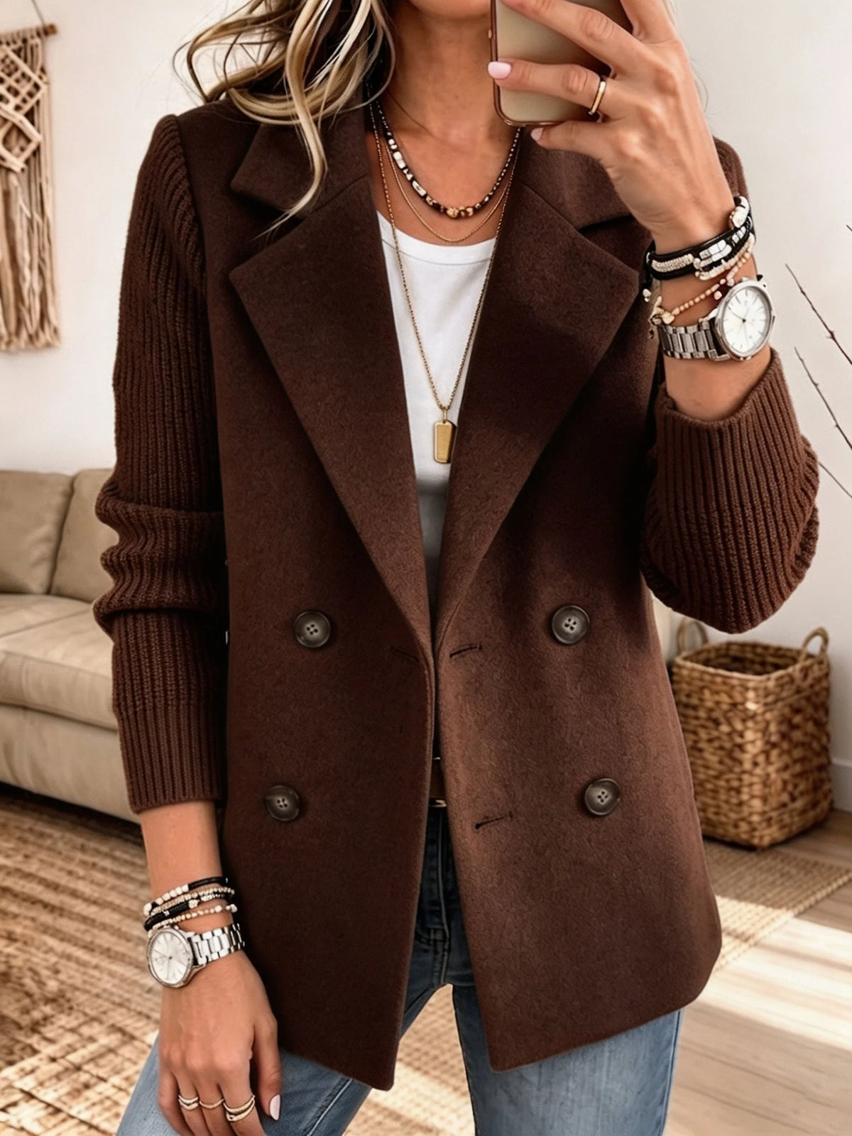 Double-Breasted Ribbed Sleeve Blazer in Dark Brown