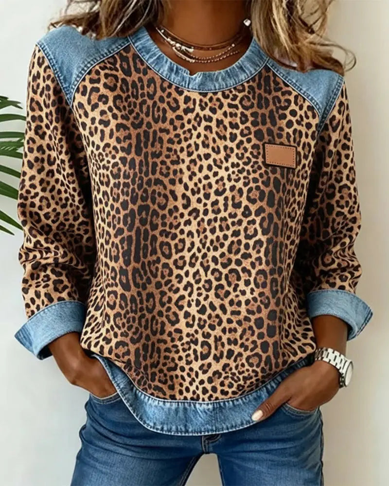 Brown Esmée | Leopard Patchwork Sweater with Flattering Fit and Daily Comfort