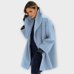Camila shawl collar wrap coat in dusty blue, worn