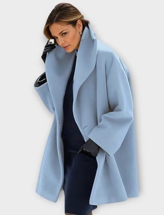 Camila shawl collar wrap coat in dusty blue, worn