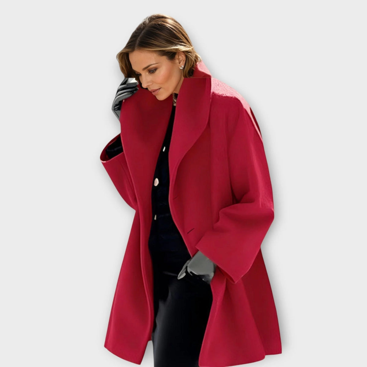 Camila shawl collar wrap coat in red, worn
