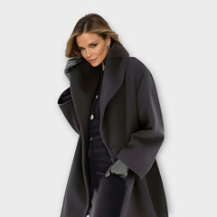 Camila shawl collar wrap coat in black, worn