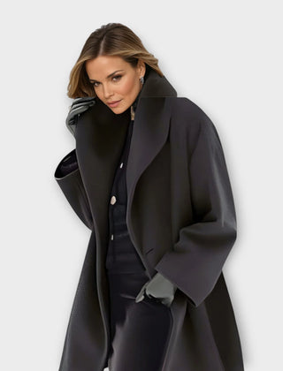 Camila shawl collar wrap coat in black, worn