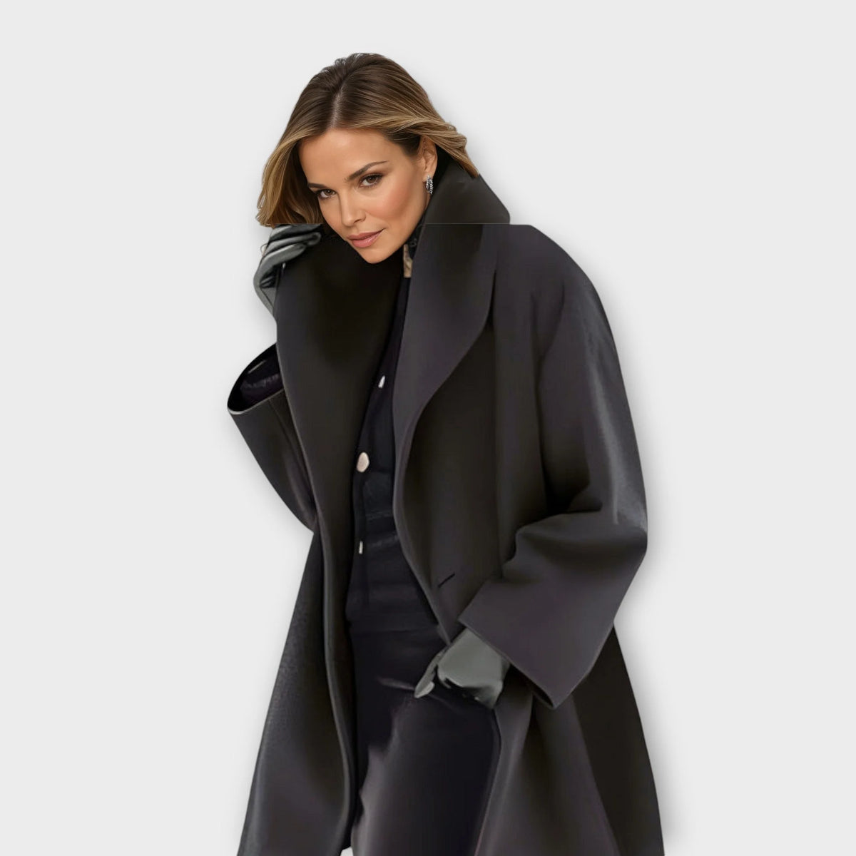 Camila shawl collar wrap coat in black, worn