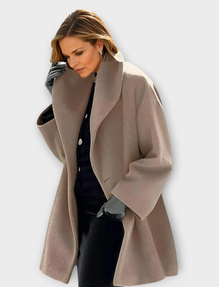 Camila shawl collar wrap coat in taupe, worn