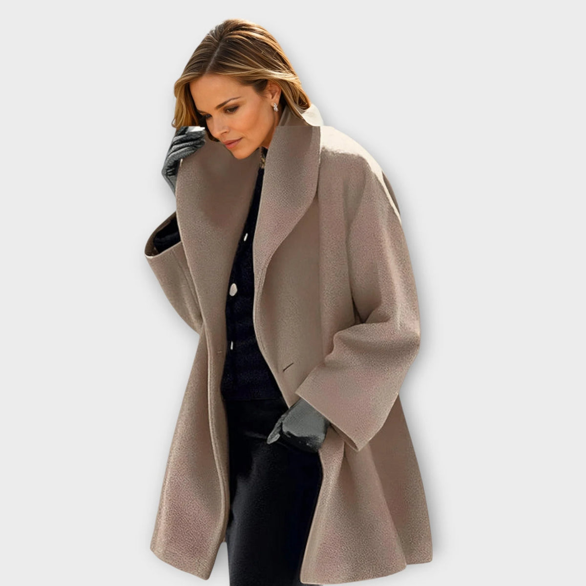 Camila shawl collar wrap coat in taupe, worn