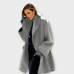 Camila shawl collar wrap coat in gray, worn