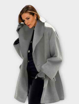 Camila shawl collar wrap coat in gray, worn