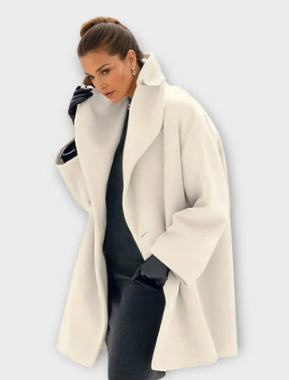 Camila shawl collar wrap coat in ivory, worn