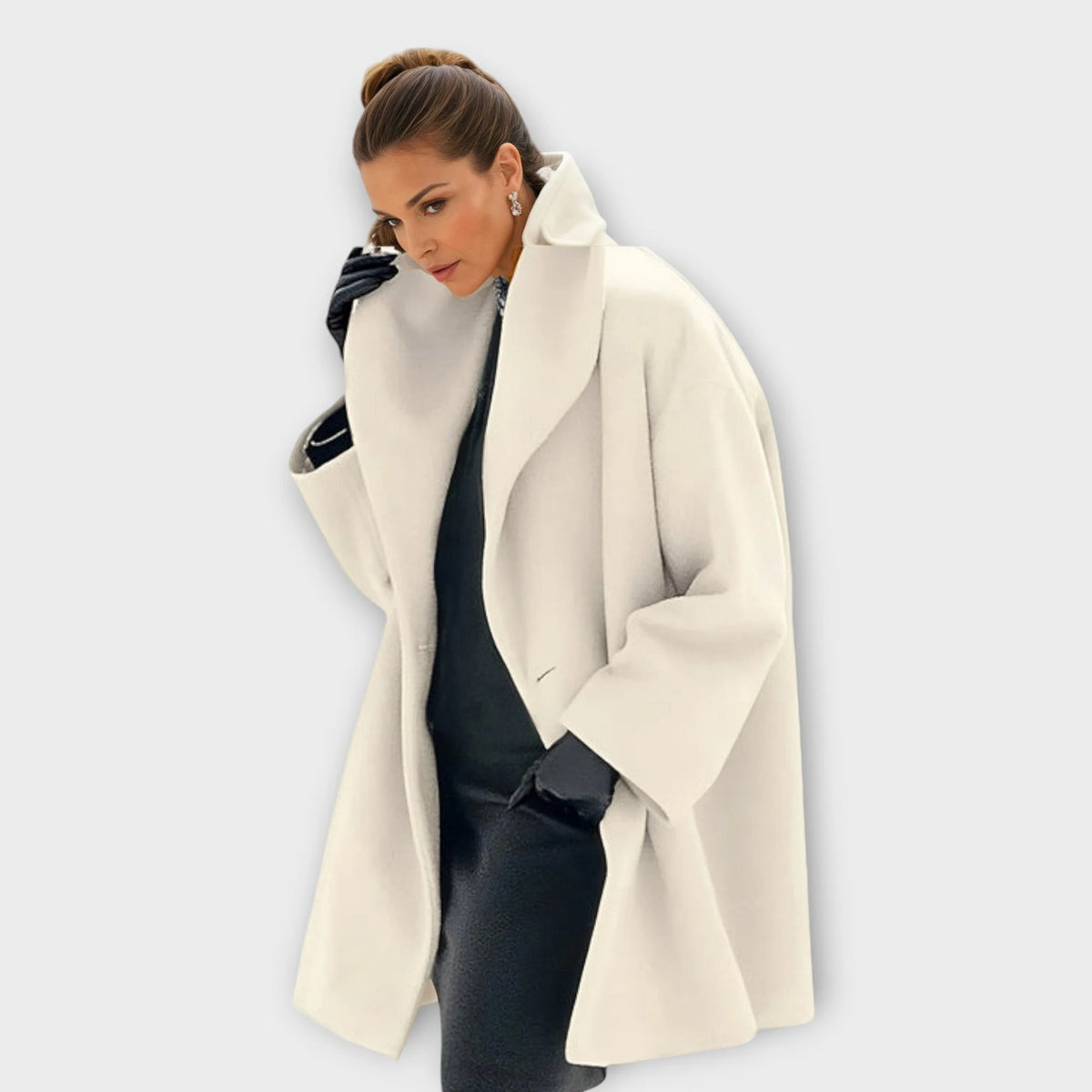 Camila shawl collar wrap coat in ivory, worn