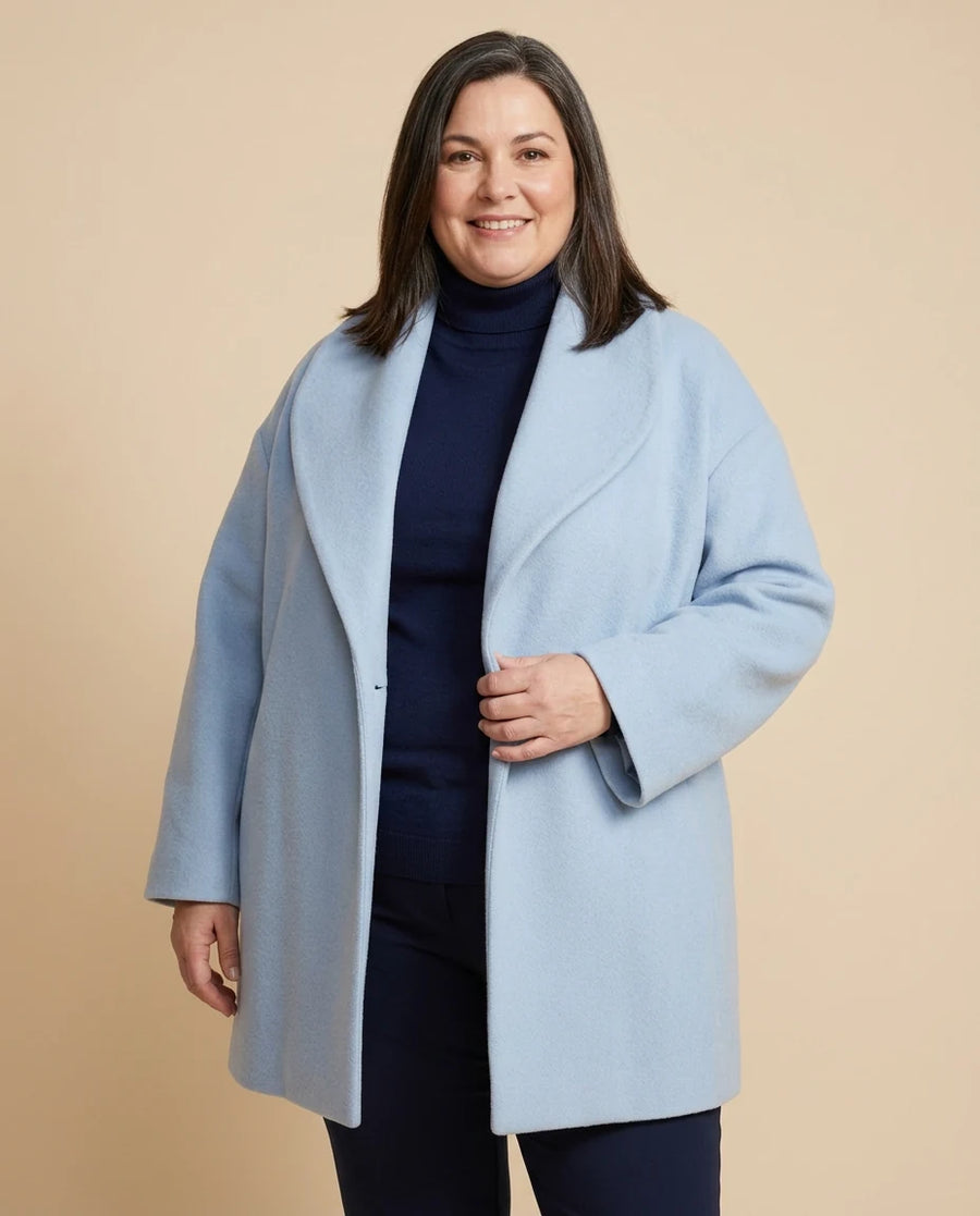 Camila | Shawl Collar Wrap Coat worn by a woman with curves