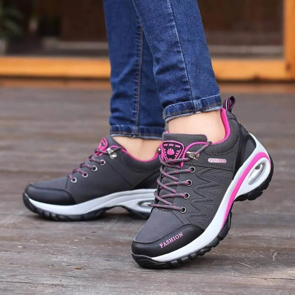 Cushioned Lace-Up Walking Sneakers in Gray