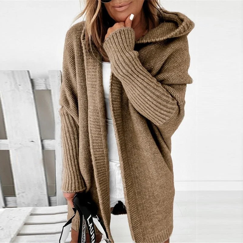 CarriMax oversized hooded cardigan in Khaki, worn
