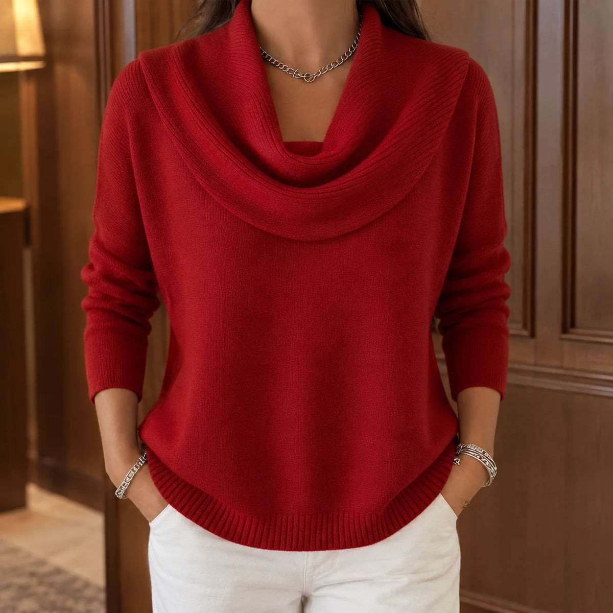 Cassia Draped Cowl Neck Sweater in Red