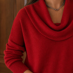 Close-up of the Cassia sweater's draped cowl collar in red
