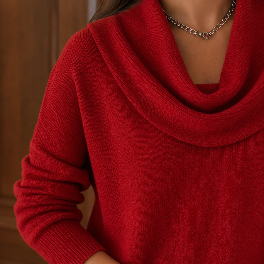Close-up of the Cassia sweater's draped cowl collar in red