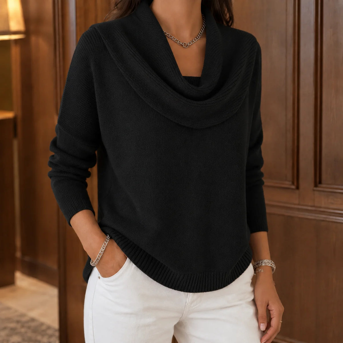 Cassia Draped Cowl Neck Sweater in Black