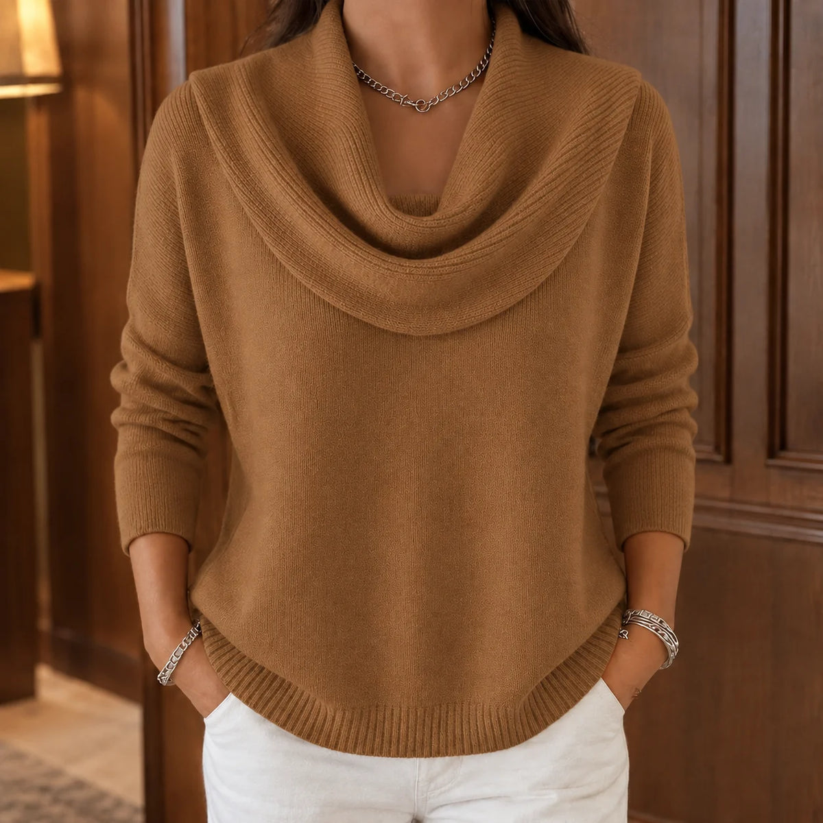 Cassia Draped Cowl Neck Sweater in Camel