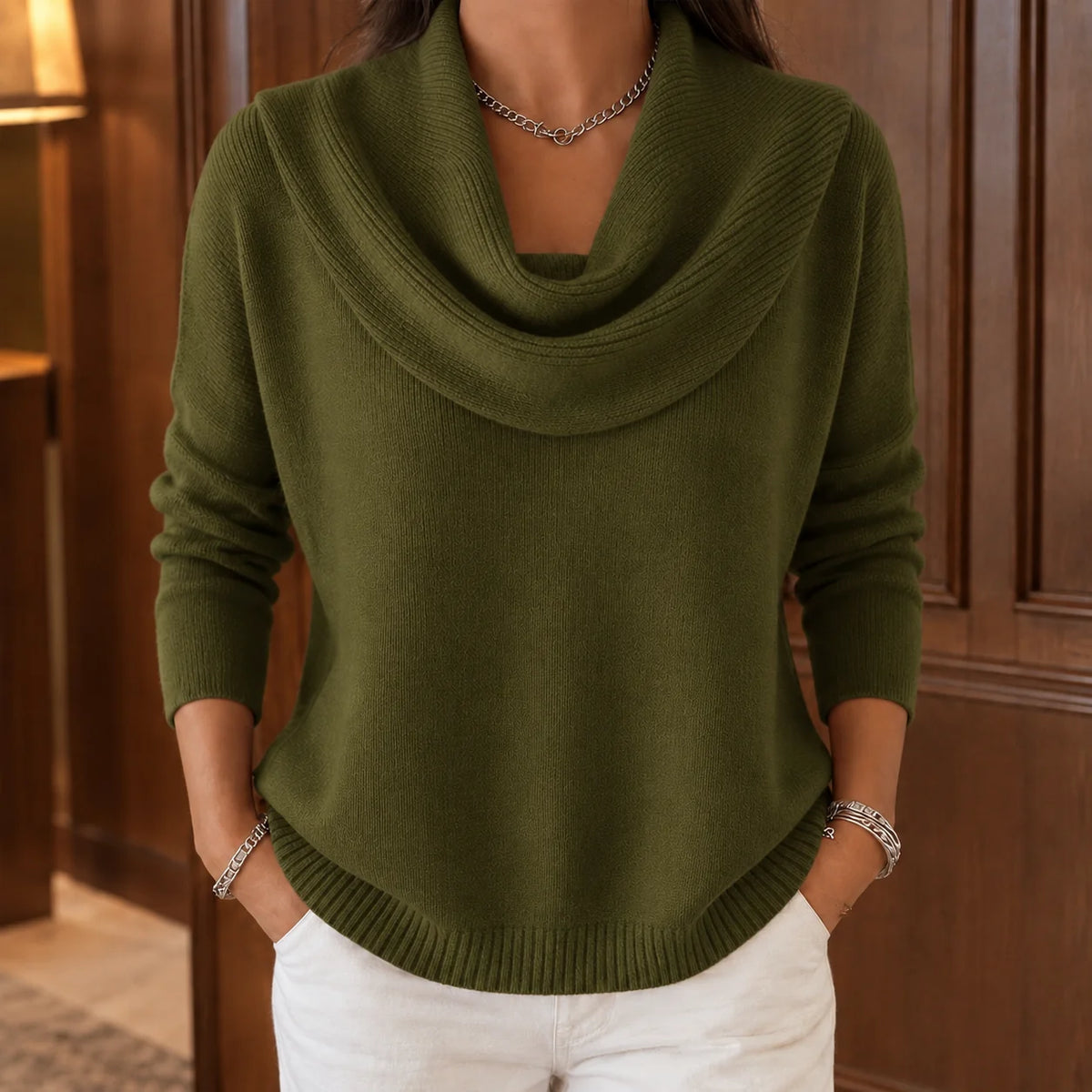 Cassia Draped Cowl Neck Sweater in Olive Green
