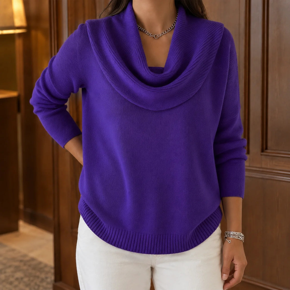 Cassia Draped Cowl Neck Sweater in Purple