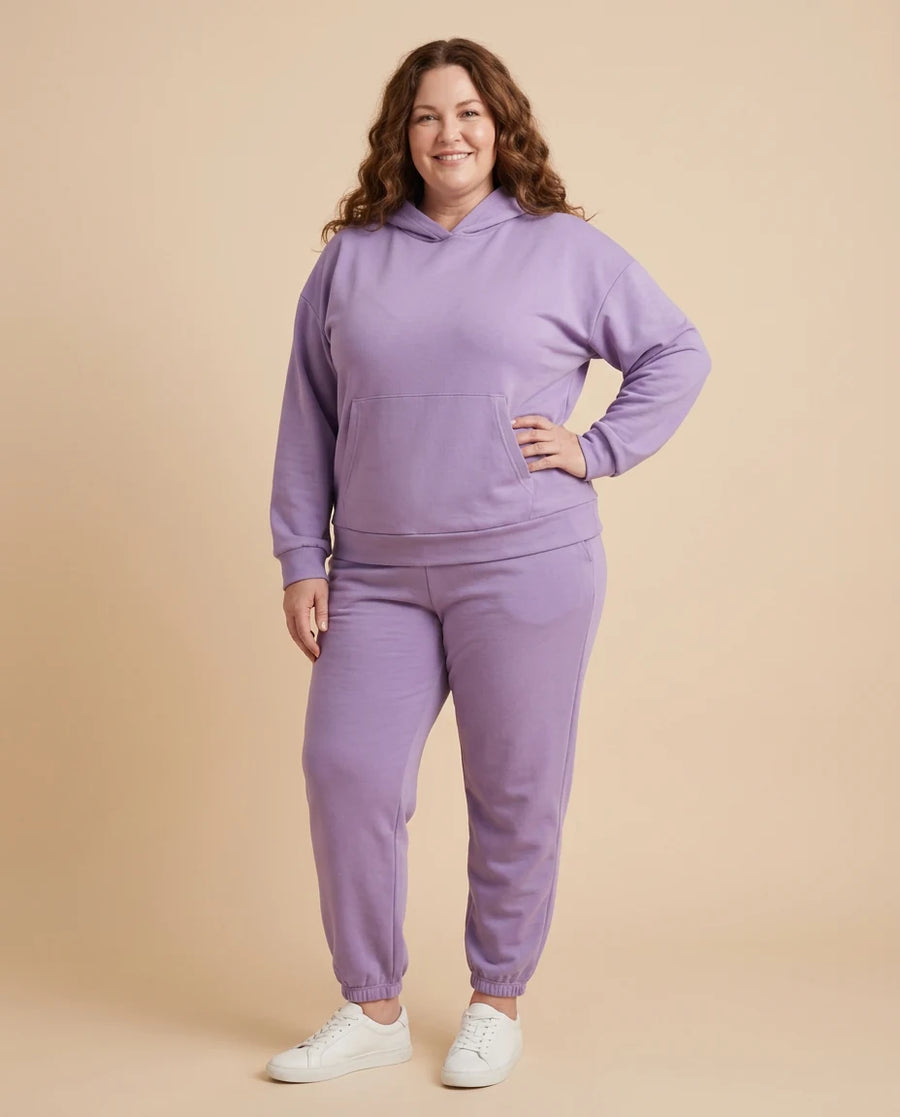 Women's Casual Two-Piece Loungewear set worn by a woman with curves