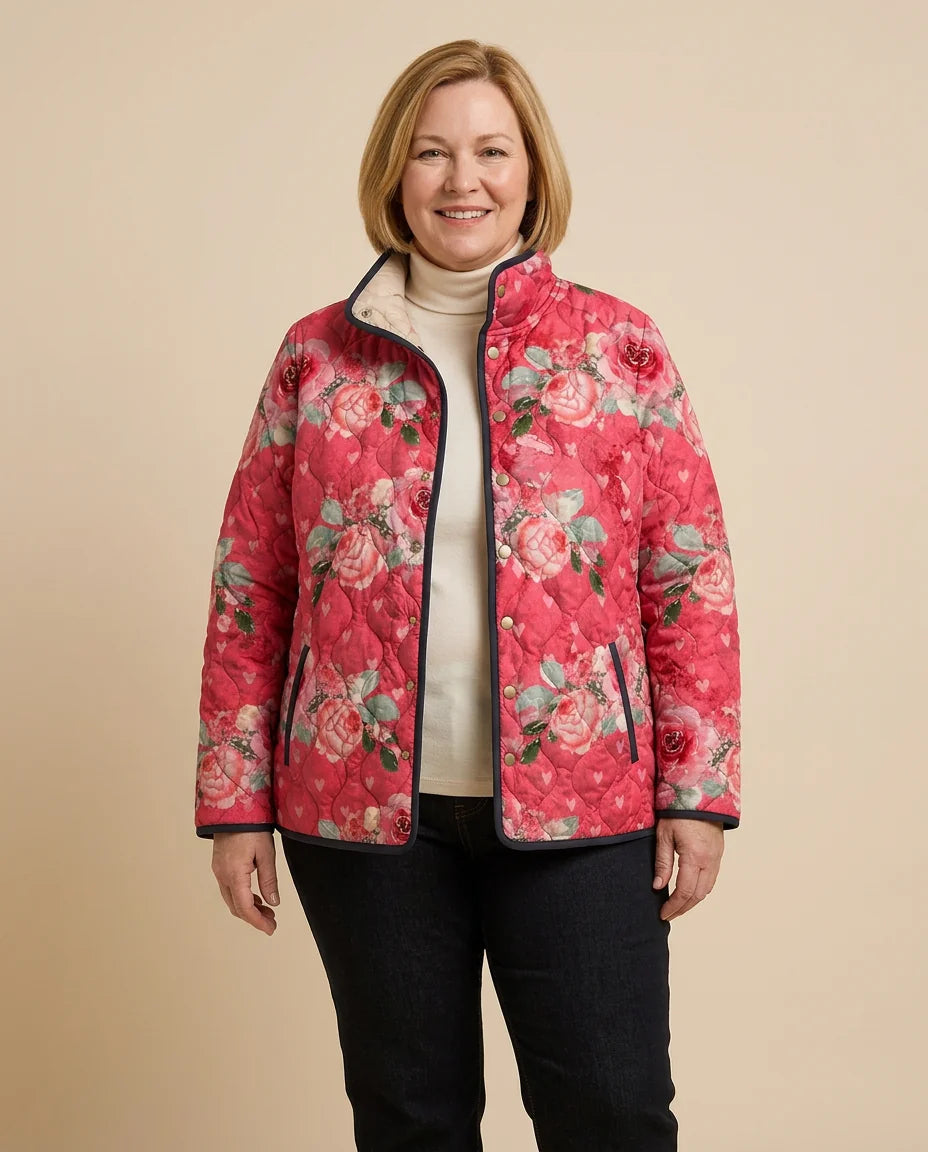 Rose Print Quilted Jacket worn by a woman with curves