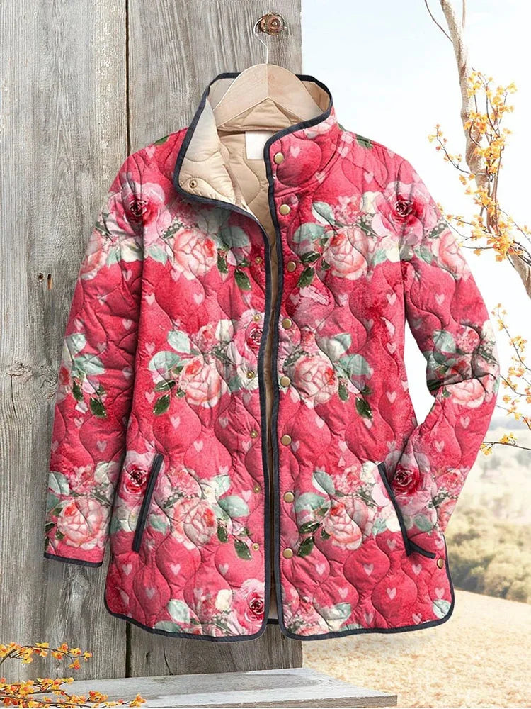 Rose Print Quilted Jacket in Pink