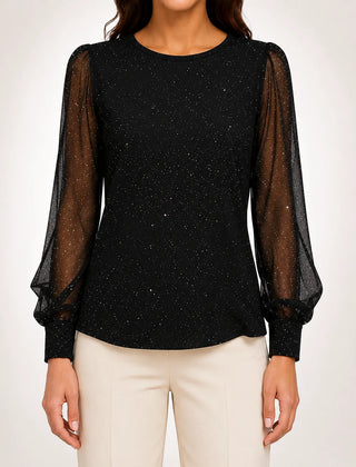 Sheer Sleeve Shimmer Blouse in Black