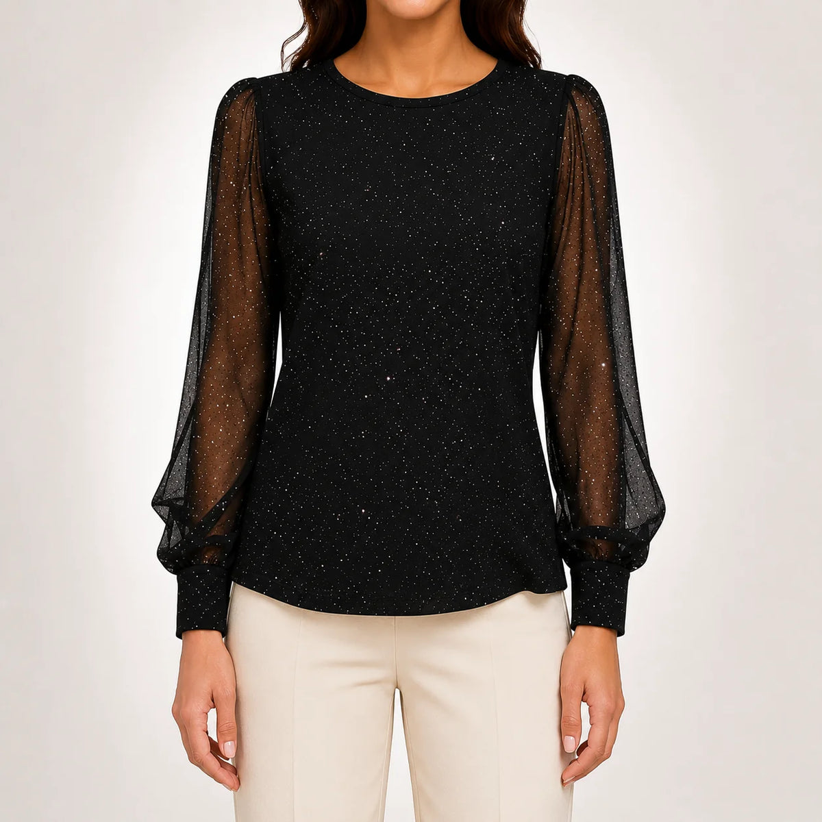 Sheer Sleeve Shimmer Blouse in Black
