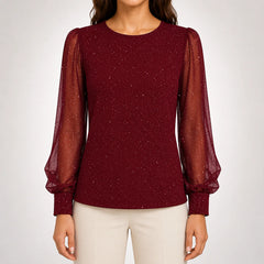 Sheer Sleeve Shimmer Blouse in Burgundy
