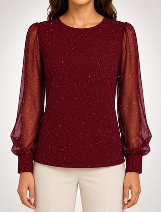 Sheer Sleeve Shimmer Blouse in Burgundy