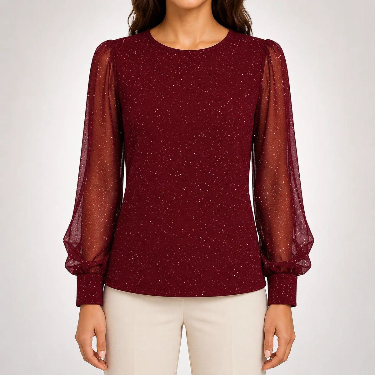 Sheer Sleeve Shimmer Blouse in Burgundy