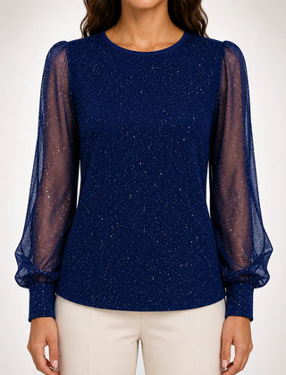 Sheer Sleeve Shimmer Blouse in Blue