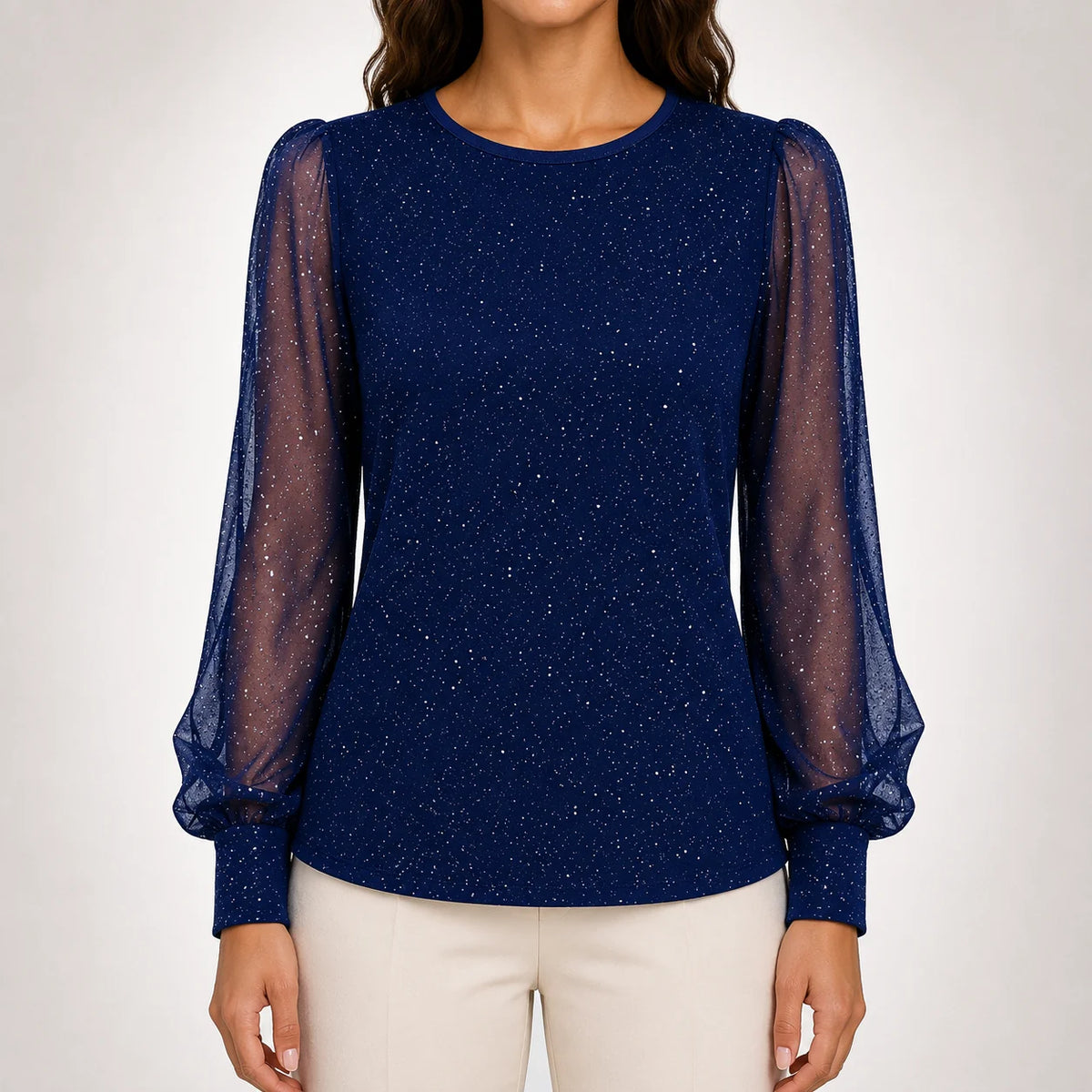 Sheer Sleeve Shimmer Blouse in Blue
