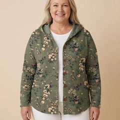 Hooded Print Button Cardigan worn by a woman with curves