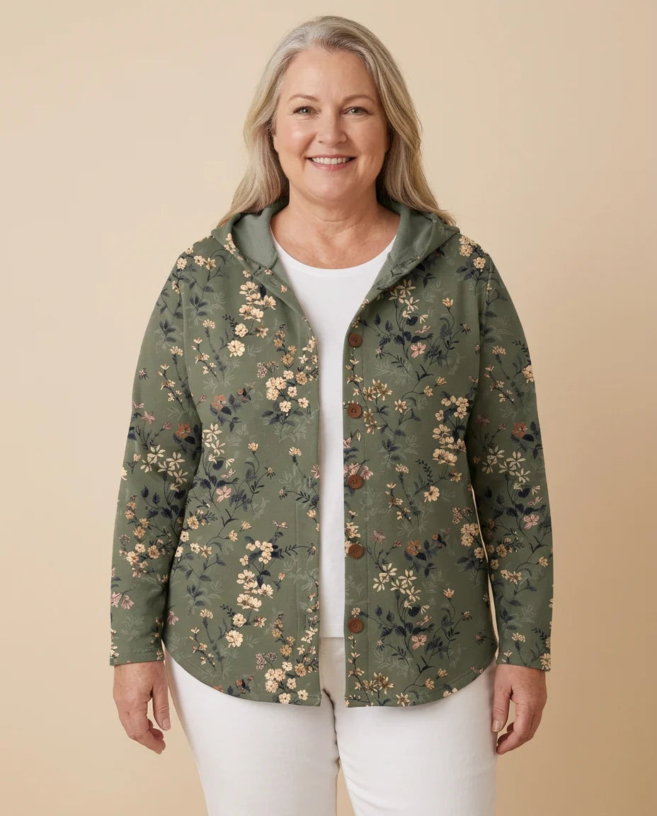 Hooded Print Button Cardigan worn by a woman with curves