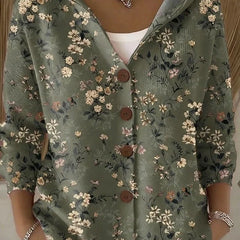 Hooded Print Button Cardigan in Olive Floral