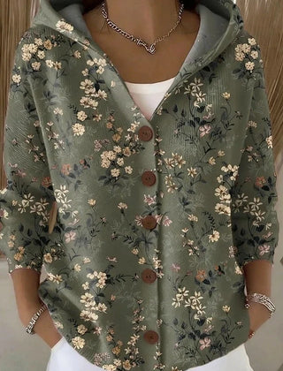 Hooded Print Button Cardigan in Olive Floral